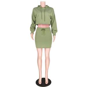 YHH-105 New Autumn Spring <strong>Women</strong> Casual Hooded Drawstring Long Sleeve Crop Top <strong>Hoodies</strong> Skirt Solid 2 Pieces Set <strong>Dress</strong> - Product Image 6