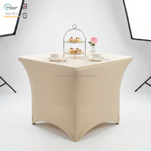Funda de mesa elástica de spandex de 8 pies sin planchar, color marfil, con espalda abierta, para registro de visitantes - Product Image 1