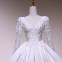 Gaun Pengantin Lengan Panjang Berbahan Satin Model Korset dengan Renda, Gaun Pengantin Mewah Ukuran Besar Model Ball Gown 2521
