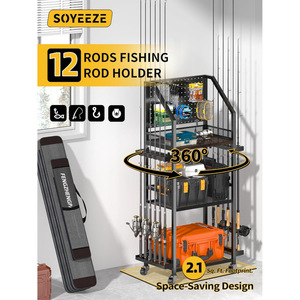 Support de rangement pour cannes à pêche de garage, peut contenir 12 cannes à pêche, chariot de pêche mobile à roulettes, support de rangement pour moulinets et matériel de pêche. - Product Image 3