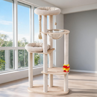 Arbre à chat en bois de luxe classique 154 cm, tour à chat moderne, capsule spatiale, double perchoir, 2 niveaux, jouet interactif, griffoir d'activités