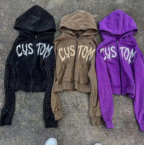 Custom Heavyweight Cropped Cotton Zip Up Rhinestone Sleeve <b>Gothic</b> Print Streetwear Y2K Grunge Men's <b>Hoodie</b> - Product Image 2