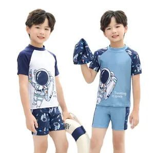 ملابس سباحة للأطفال نمط جديد أزرق وأبيض أكمام طويلة ملابس سباحة احترافية سريعة التجفيف للصبيان والبنات 6-16