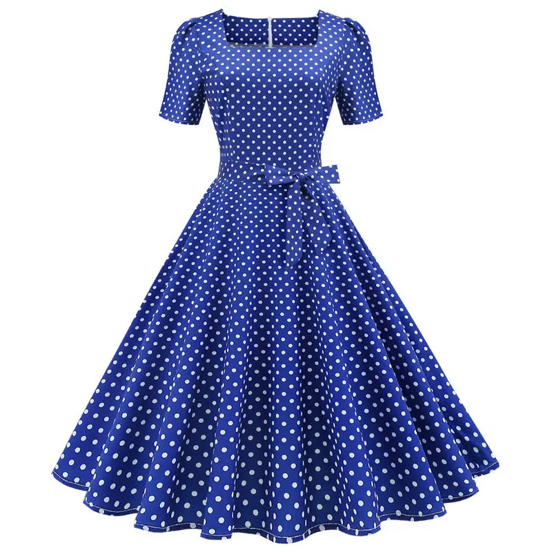 Женское летнее элегантное платье средней длины с коротким рукавом и квадратным воротником, вечерние Сарафаны 50s 60s, винтажное платье в горошек