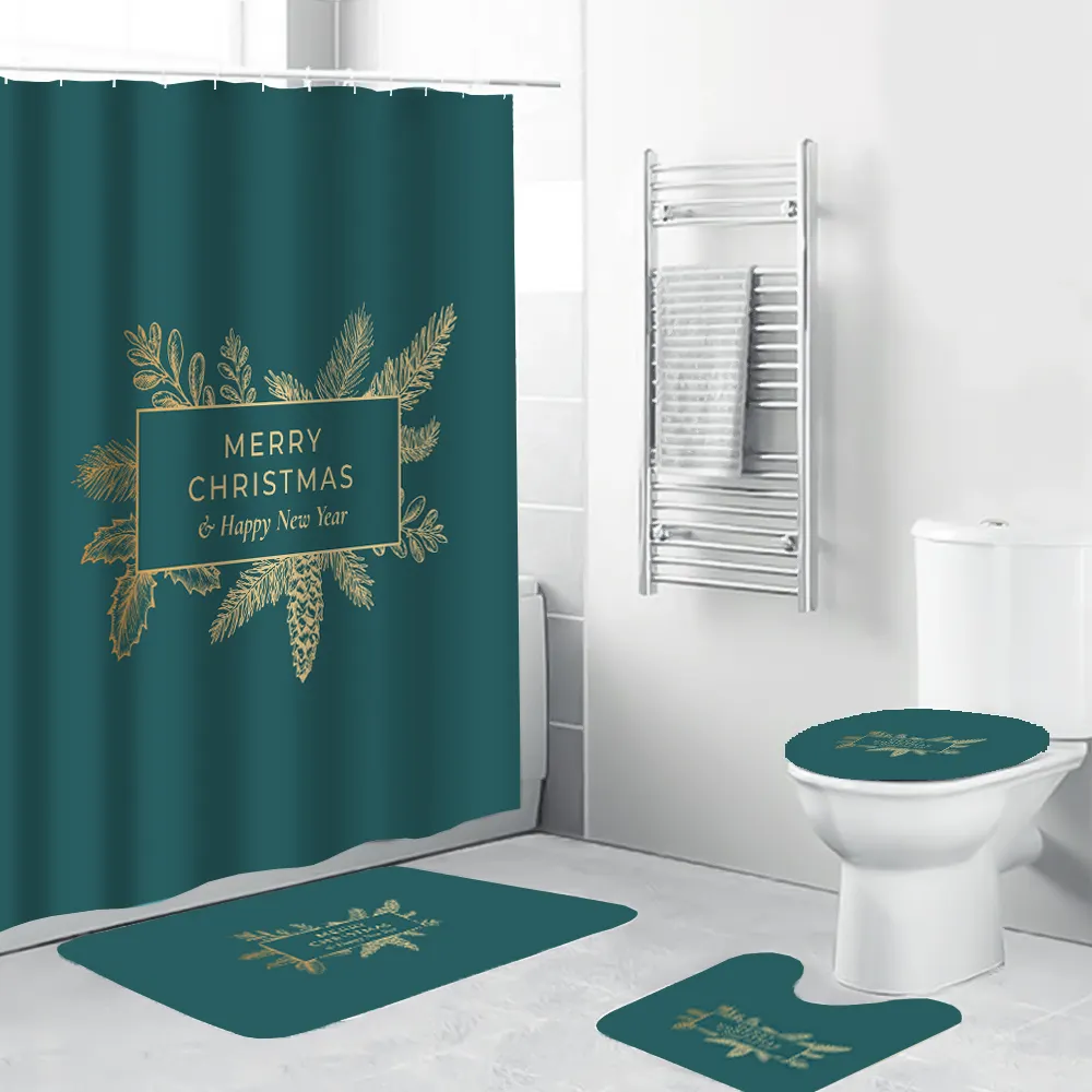 Christmas Elk Polyester Custom Design Hotel Bathroom 4-piece Set Shower Curtains Bath Rug