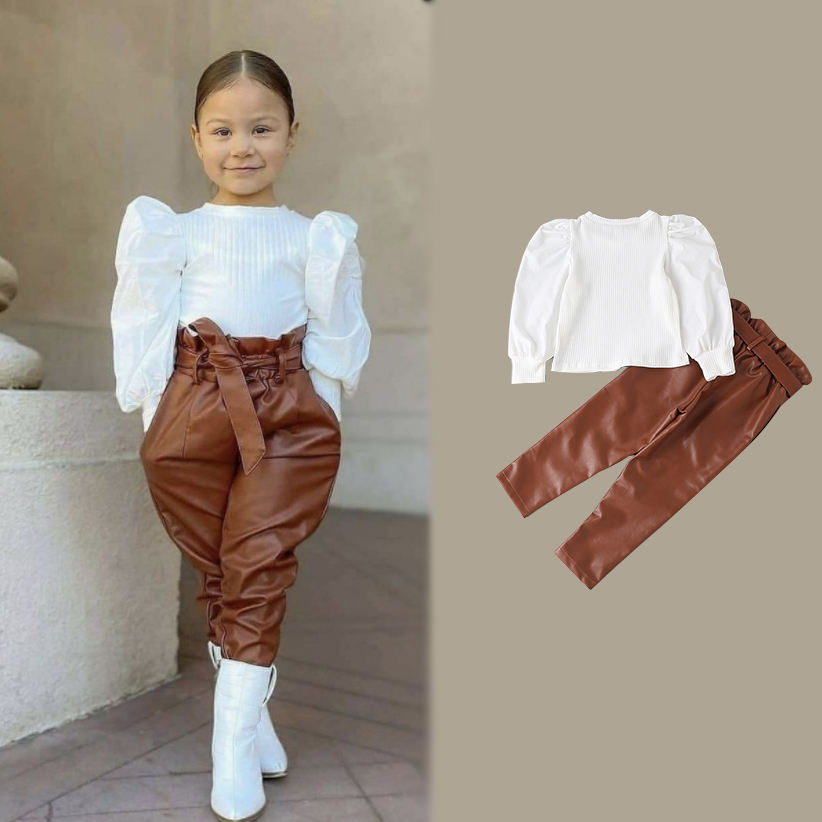 Wholesale Children Beautiful Girls Clothing Sets 2022 Kids 2 Piece Sets Little Girls Leather Pants Two Piece Set 
