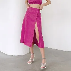 OEM Rok Pensil Katun Linen Merah Muda Gaun Midi A-Line Belah Tinggi Sisi Fuchsia Mode Seksi Kustom untuk Wanita