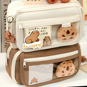 Large Capacity Pencil Bag Capybara Cartoon Canvas Stationery Holder Bag With Brooches Stickers Clips Keychains Children Pen Case