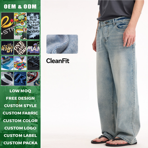 Jeans de Pierna Recta de Alta Calidad con Logotipo Personalizado, Estilo Básico CleanFit, Lavados y Desgastados, en Mezclilla Cruda Azul Claro, Unisex - Product Image 1