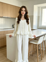 Ensemble pyjama 2 pièces en viscose pour femme, taille élastique, col ample, manches longues, séchage rapide, tissé uni, design décontracté, printemps automne