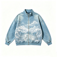 Jaket Kerah Tegak Biru Pudar Vintage Kornit DTG Glitter Sea Wave Sky Print Oversized Zip Up Street Outerwear