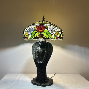 LongHuiJing Simple Eco-Friendly European Red Camellia Stained Glass E26 Table Lamp Angel Base for Living Room Art Decoration - Product Image 1
