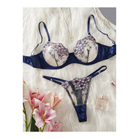 Ensemble de lingerie sexy en dentelle respirante et fine, soutien-gorge et string, broderie florale champêtre romantique, avec armatures, transparent, deux pièces