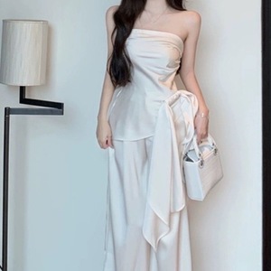 Conjunto de Top Corto sin Tirantes Blanco Vintage y Pantalones Anchos de Gasa para Mujer, Estilo Casual de Verano, Tela de Poliéster - Product Image 5