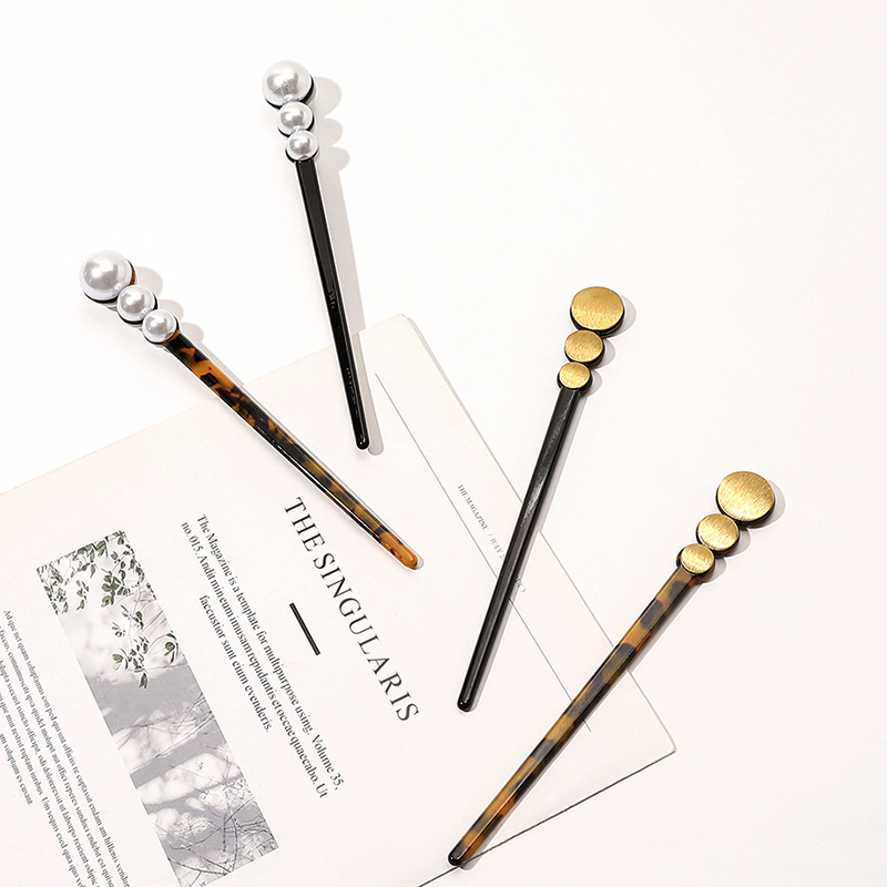 Корейские Металлические шпильки для волос с жемчугом, модные шпильки для волос для девушек, черная шпилька для волос из ацетата черепаховой черепахи, вилка, аксессуары для пучка волос