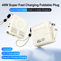 Batterie externe portable pliable 45W avec prise CA, chargeur magnétique sans fil 15000mAh, câbles doubles intégrés et support – Pack batterie externe