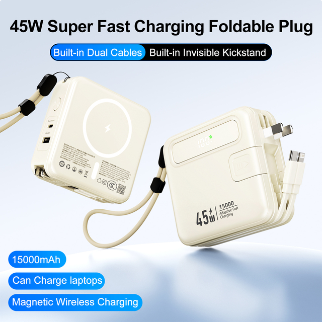 45W Foldable AC Plug Portable Power Bank 15000mAh Magnetic Wireless Charger Built-in Dual Cables Kickstand External Battery Pack