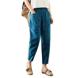 Women's Casual Linen Custom Made High Durable Breathable Harem Trouser Elastic Waist <b>Flat</b> Front Pocket Style Summer ODM Latest - Product Image 1