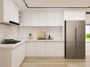 Juego de Muebles de Cocina Modulares Modernos de Madera Contrachapada con Acabado de Laca de Alto Brillo, Isla de Mármol con Fregadero y Protector Contra Salpicaduras para Apartamento - Product Image 2