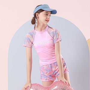 Traje de baño para niñas, dos piezas, manga corta, estilo falda, rosa, azul lago, UPF 30, secado rápido, para vacaciones, aguas termales, edad de 3 a 11 años - Product Image 1