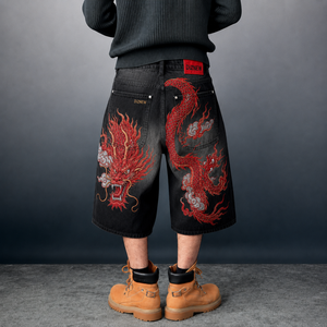 Shorts en <span class=keywords><strong>jean</strong></span> amples brodés Dragon DiZNEW pour homme, délavage vintage, style streetwear, jorts Y2K grunge, coupe ample, personnalisables - Product Image 1