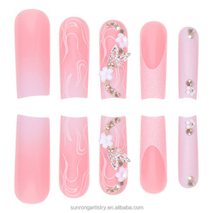 <span class=keywords><strong>Uñas</strong></span> Postizas de Estilo Europeo y Americano, <span class=keywords><strong>Largas</strong></span> y Duraderas, con Diseño de Flores Pequeñas en Degradado y Pedrería, 24 Piezas al por Mayor - Product Image 2