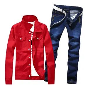 New Design Mens Slim Jeans and Jeans Jacket Collocation Casual Handsome Coat Clothes Men's Denim Jeans Set