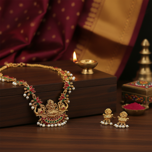 Indian Made Traditional Tempal Laxmi Necklace Jewellery <b>Set</b> with Matching Earrings For Women And Girls By Exporters - Product Image 2