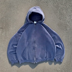 Sweat à capuche zippé épais style streetwear, effet délavé soleil, coupe oversize à épaules tombantes, court et carré, en tissu lourd, uni, délavé à l'acide - Product Image 2