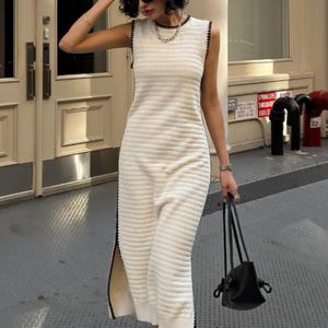 Nouvelle robe d'automne de haute qualité pour femme, style décontracté, sans manches, col rond, tricotée, mi-longue, modeste, robe moulante décontractée - Product Image 1