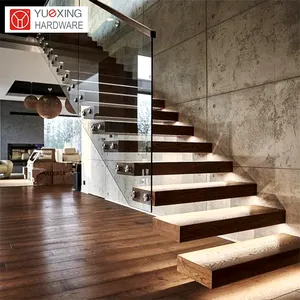 Modern Glass Step Floating Staircase High Quality Indoor Wood Tread Cantilever Stairs