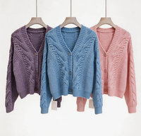 Cardigan en maille torsadée pour femme, col en V, violet, boutonné sur le devant, épaules tombantes, coupe ample et courte, vêtement d'extérieur d'automne, marque privée