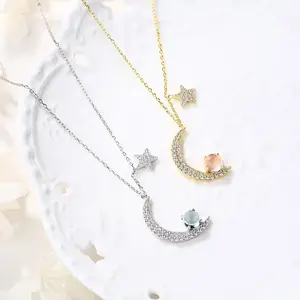 Best 925 Silver Moon ans Star Sky Blue Topaz Pendant With Multi CZ Necklace for Women