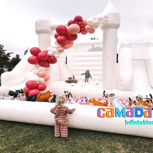 Scivolo d'Acqua Commerciale da Esterno con Doppio Scivolo, Castello Gonfiabile Bianco per Matrimoni, Combo Scivolo d'Acqua e Castello Gonfiabile con Piscina di Palline - Product Image 1