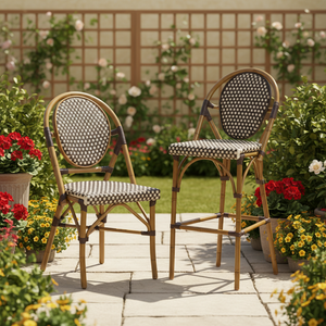 Sedie da Pranzo Stile Bistrot Francese, Design Tradizionale con Telaio <span class=keywords><strong>in</strong></span> Alluminio e Finitura <span class=keywords><strong>in</strong></span> Bambù, <span class=keywords><strong>Sedia</strong></span> Multicolore <span class=keywords><strong>in</strong></span> Rattan per Esterni, Ristoranti e Hotel - Product Image 2