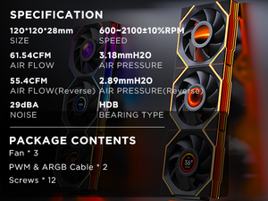 พัดลมเคสคอมพิวเตอร์สำหรับเล่นเกม Jungle Leopard V4 หน้าจอ LCD 2.8 นิ้ว ARGB 600-2100 รอบต่อนาที พัดลม PWM 55.4CFM เสียงเบา ขนาด 120x120x28 มม. - Product Image 6