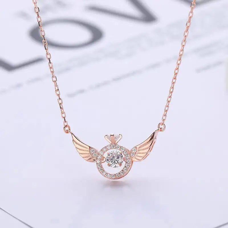 2024 Мода розовое золото Медный кулон Ангел крылья бьющееся сердце простая цепочка из нержавеющей стали ожерелье ювелирные изделия для женщин
