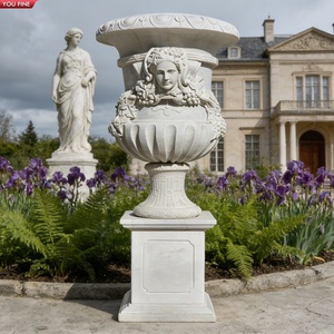 YOUFINE Urne de jardin en granit naturel sculptée à la main, paire de jardinières classiques cannelées sur piédestal pour entrée d'hôtel - Product Image 6
