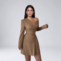 Robe de cocktail asymétrique élégante pour femme, style vintage, coupe trapèze, à une épaule, manches longues, taille naturelle, idéale pour le bureau