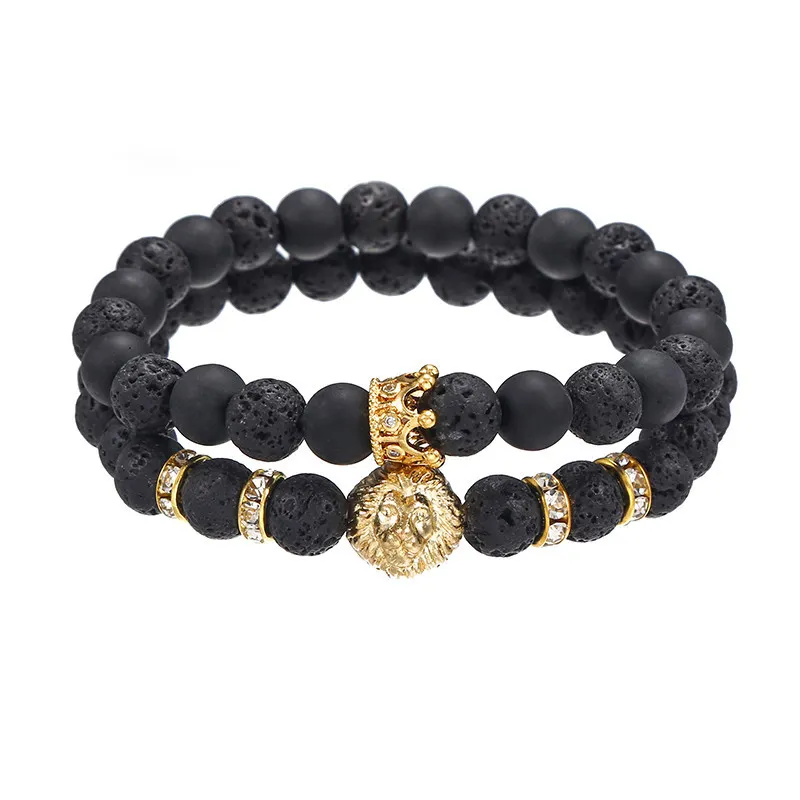 Menの8ミリメートルNatural Onyx Stone Beaded Bracelet Sets 18K Gold Plated Micro Paved Lion Head Crown Aromatherapy Bracelet For Watch