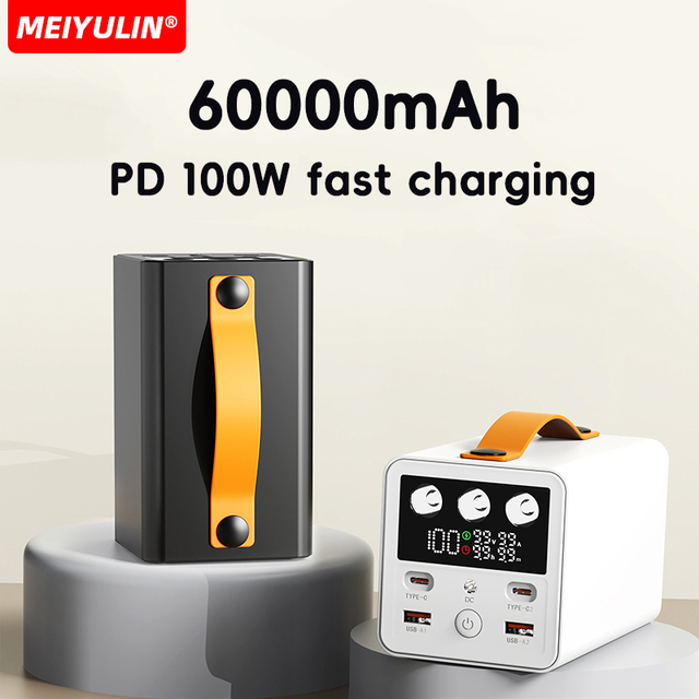 PD100W Solar Power Bank 50000mAh 60000mAh Fast Charging Portable Camping Light Hand Strap Power Station with 20V 5A Output