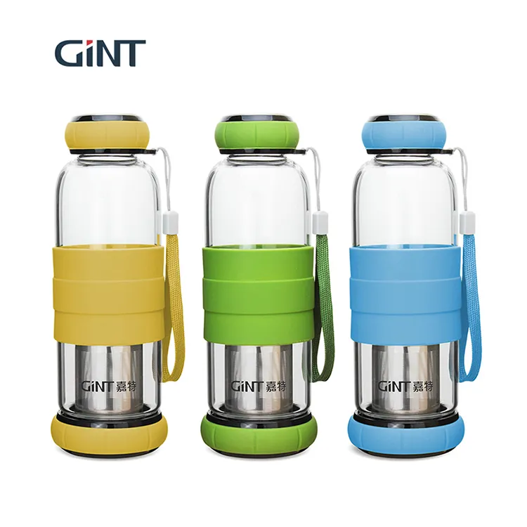 Crystal Glass Water Bottle Manufacturers Tea Infuser Glass Water Drinking Bottle With Silicone Sleeve