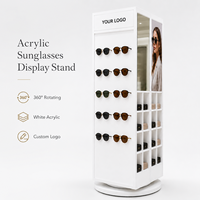 Support de présentation de lunettes de soleil en acrylique blanc personnalisé, rotatif à 360°, sur pied, avec miroir de rangement et logo
