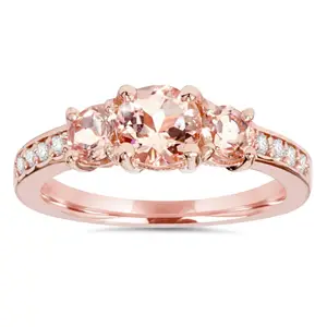 14k Rose Gold Jewelry Three Stone Pink Morganite Brilliant Engagement Halo Ring Round Peach Morganite Bridal Wedding Ring