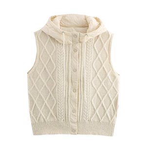 <strong>Women's</strong> Cable Knit Hooded Vest <strong>Padded</strong> Quilted <strong>Hood</strong> Snap Button Diamond Argyle Knit <strong>Gilet</strong> 4 Colors One Size Autumn Winter - Product Image 6