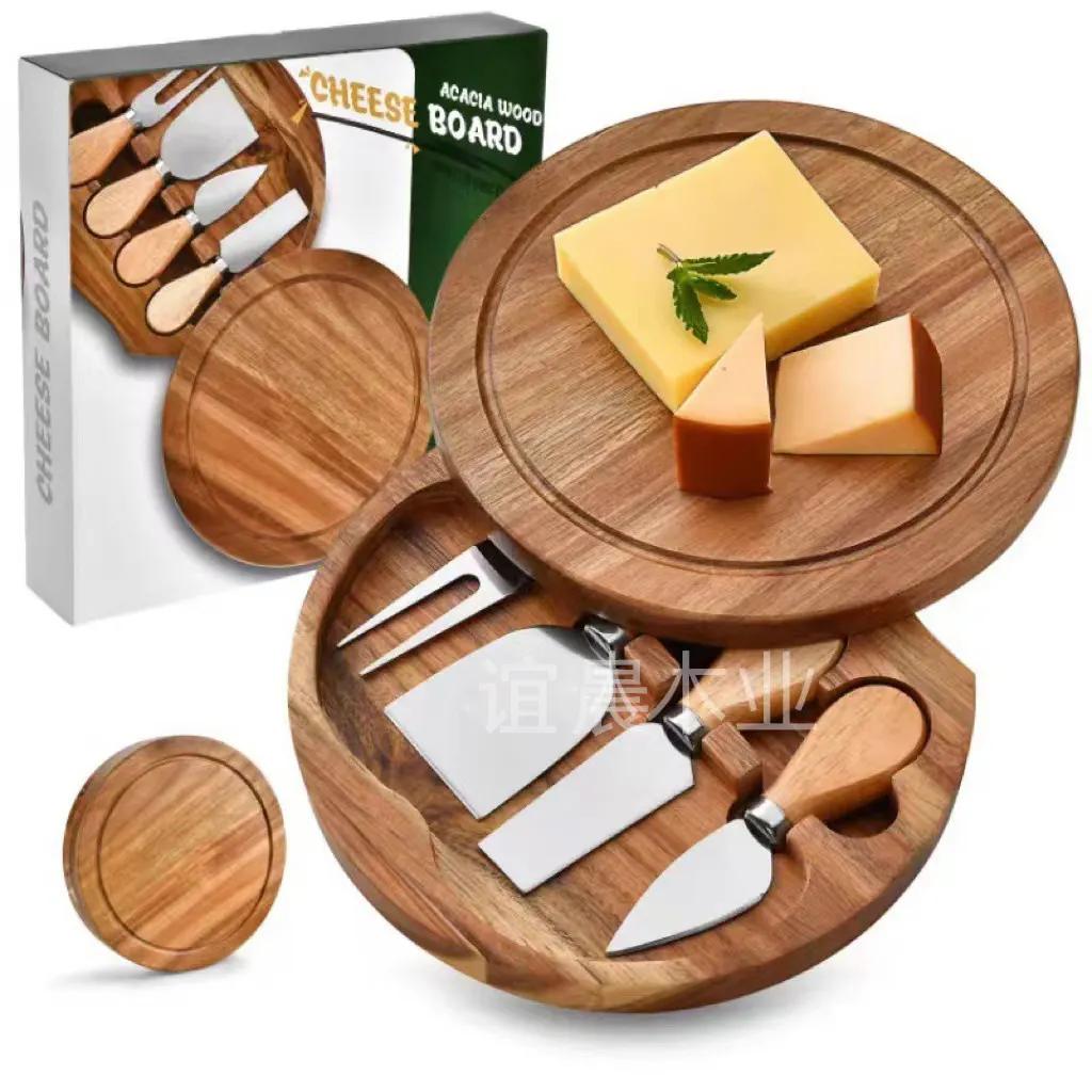 Grosir Set papan keju kayu Acacia dengan pisau pemotong piring keju papan Charcuterie bambu papan keju kayu bulat