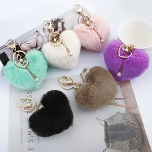 Fourrure de lapin douce en forme de coeur Pom Pom Charm avec perle plaqué or porte-clés chaîne porte-clés pendentif fourre-tout sac à main