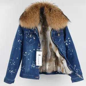 Gründer New Women Mid Blue Jean Jacke Flauschig Shaggy Real Waschbär Pelz kragen und echtes Kaninchen fell Futter