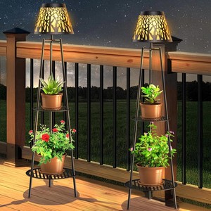 Lampe solaire d'extérieur TSINYE avec support <span class=keywords><strong>pour</strong></span> plantes, lampes de jardin en fer imperméables avec 2 étagères, décorations d'extérieur IP44 - Product Image 1