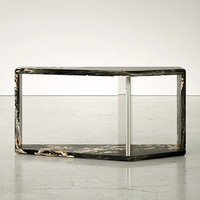 Table console géométrique en marbre poli veiné foncé avec support en acier inoxydable pour l'entrée – Meuble de décoration pour la maison de rêve